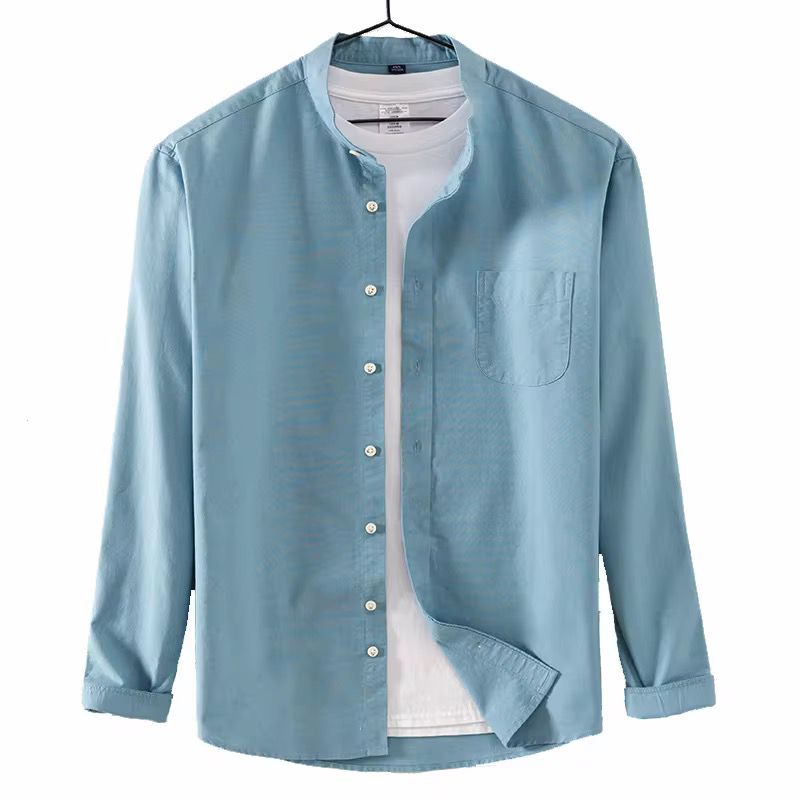 Men's Light Blue Band Collar Long Sleeve Shirt