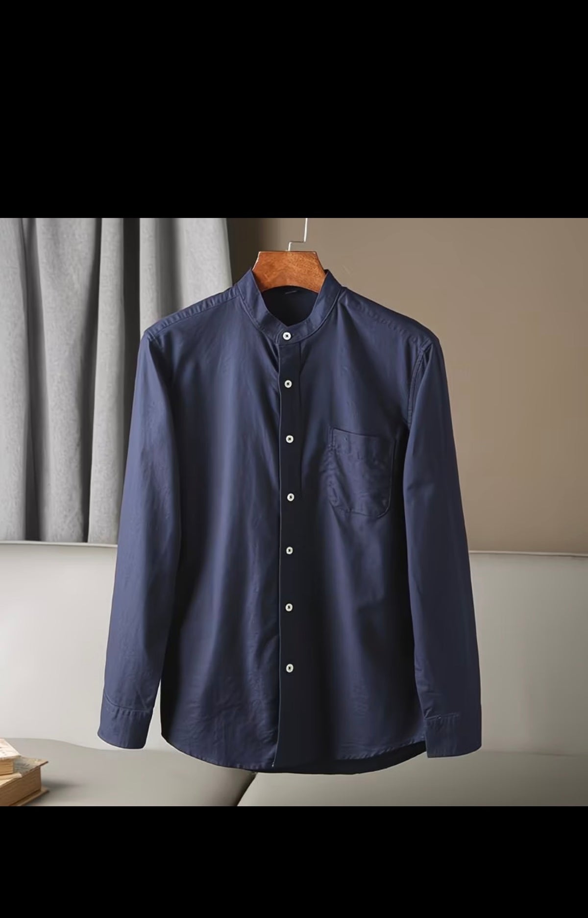 Men's Navy Blue Band Collar/Chines Neck Long Sleeve Shirt