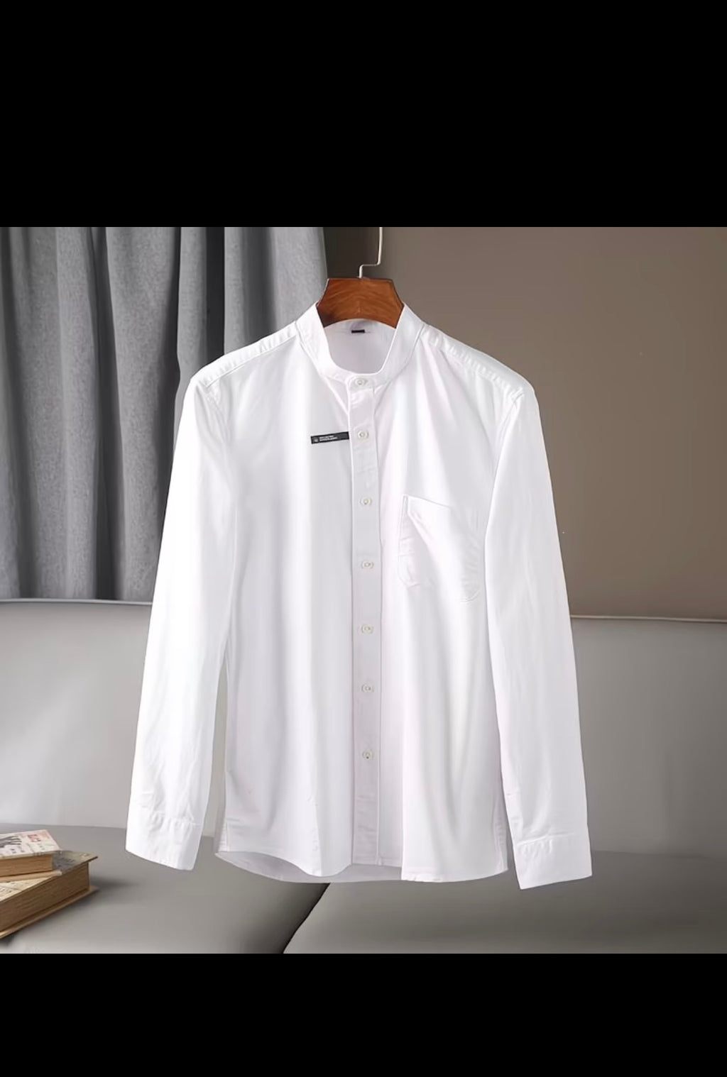 Men's White Band Collar/ Chinese Neck Long Sleeve Shirt