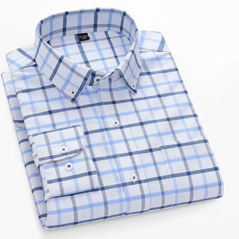 Men's White & Blue Plaid Long Sleeve Shirt