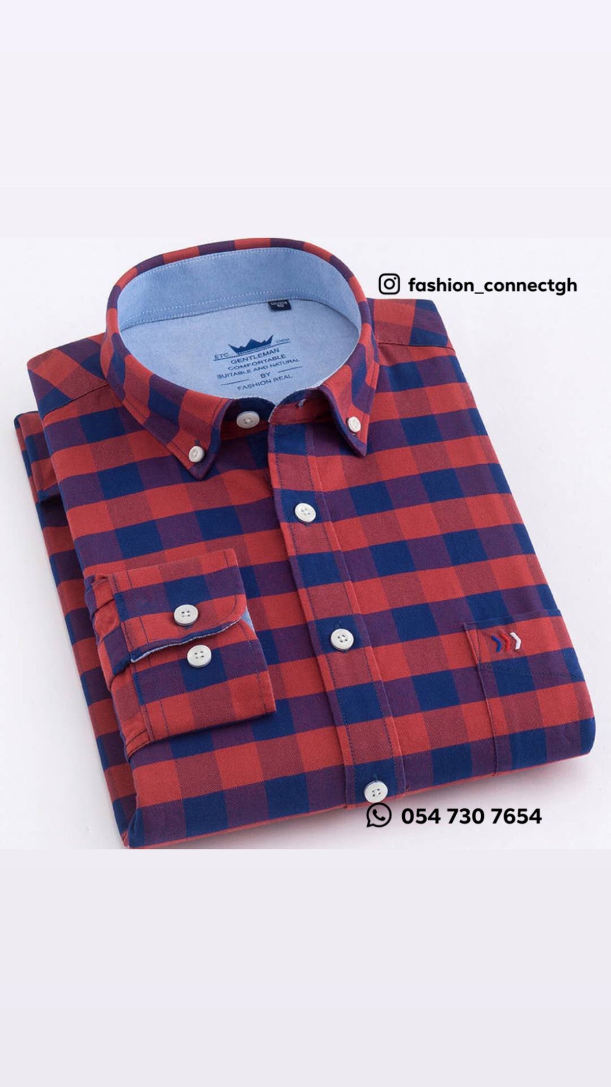 Men's Red & Navy Blue Checkered Long Sleeve Shirt