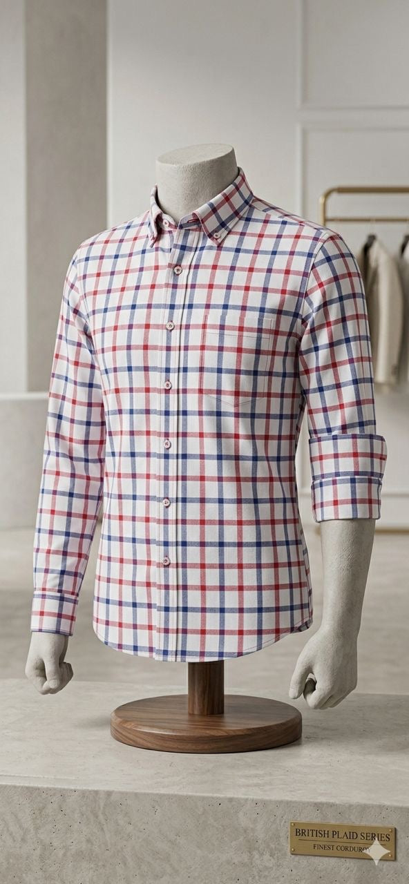 Men's White Blue & Red Plaid Long Sleeve Shirt