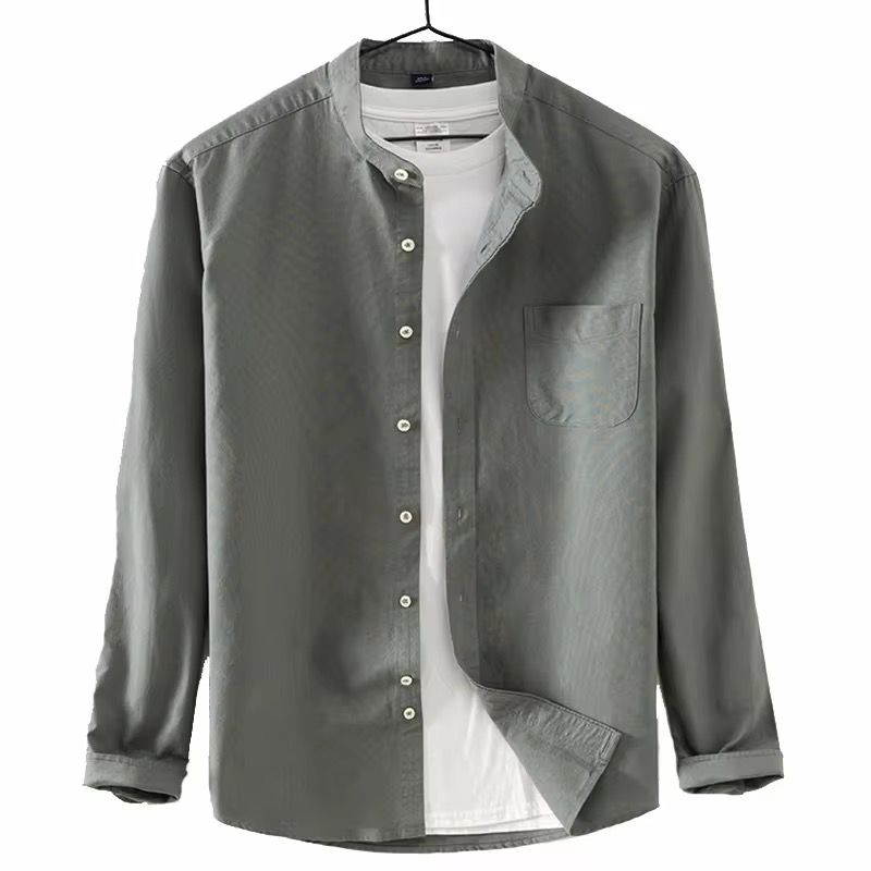Men's Grey Band Collar Long Sleeve Shirt