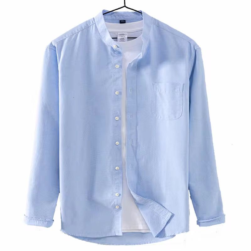 Men's Light Blue Band Collar Long Sleeve Shirt