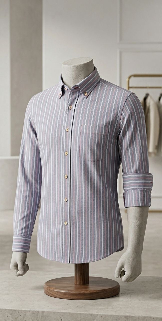 Men's Grey & Pink Striped Long Sleeve Shirt