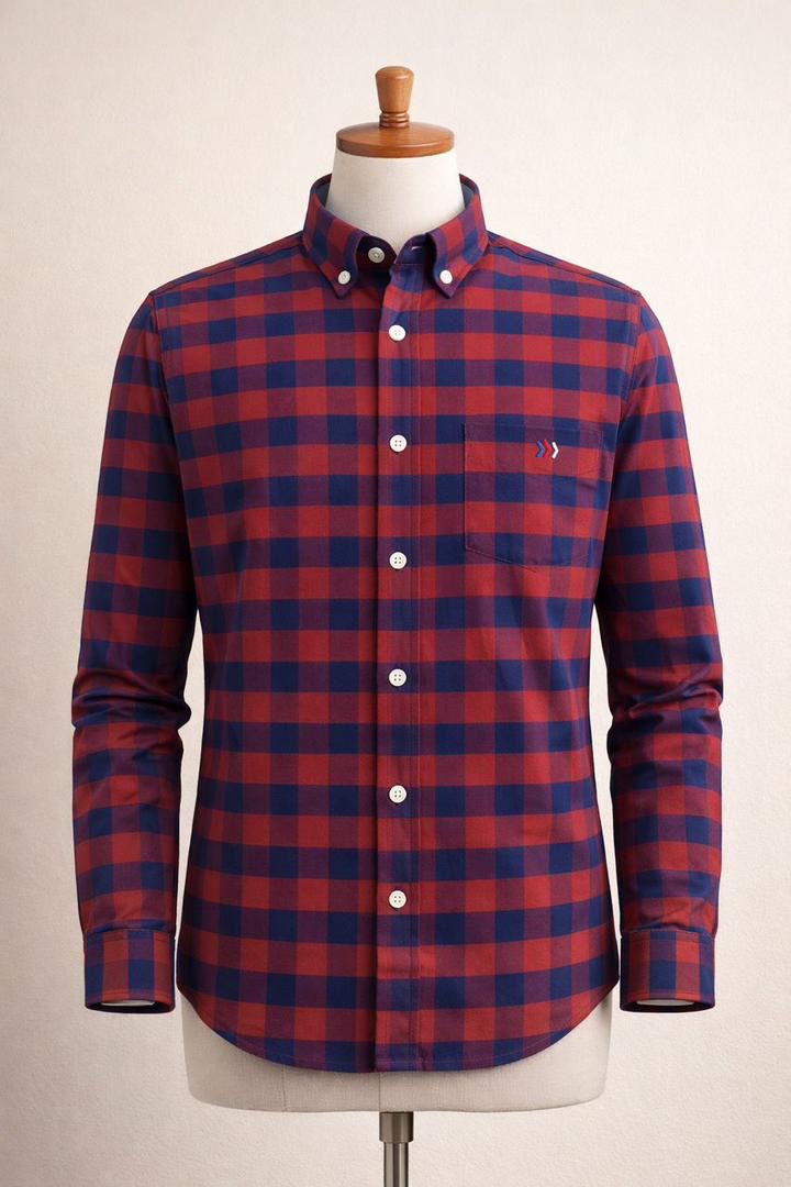 Men's Red & Navy Blue Checkered Long Sleeve Shirt