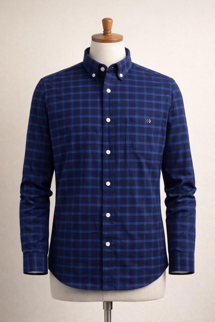 Men's Navy Blue & Teal Checkered Long Sleeve Shirt