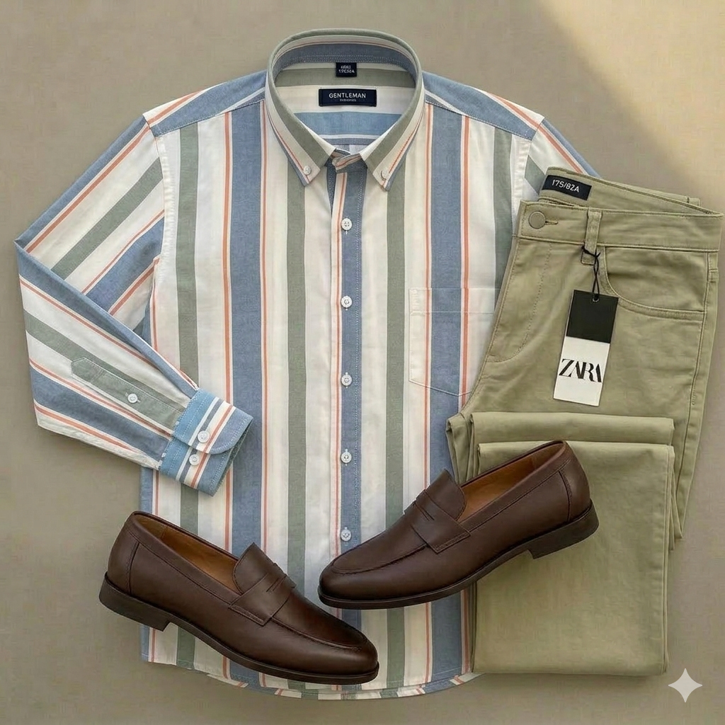 Men's Blue Grey White Striped Long Sleeve Shirt