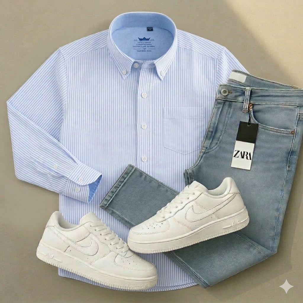 Men's Light Blue Striped Long Sleeve Shirt