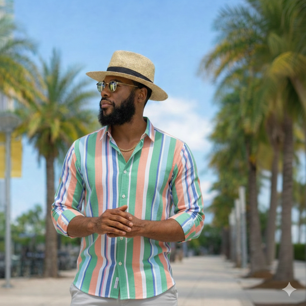 Men's Mint Green Multicolor Striped Long Sleeve Shirt