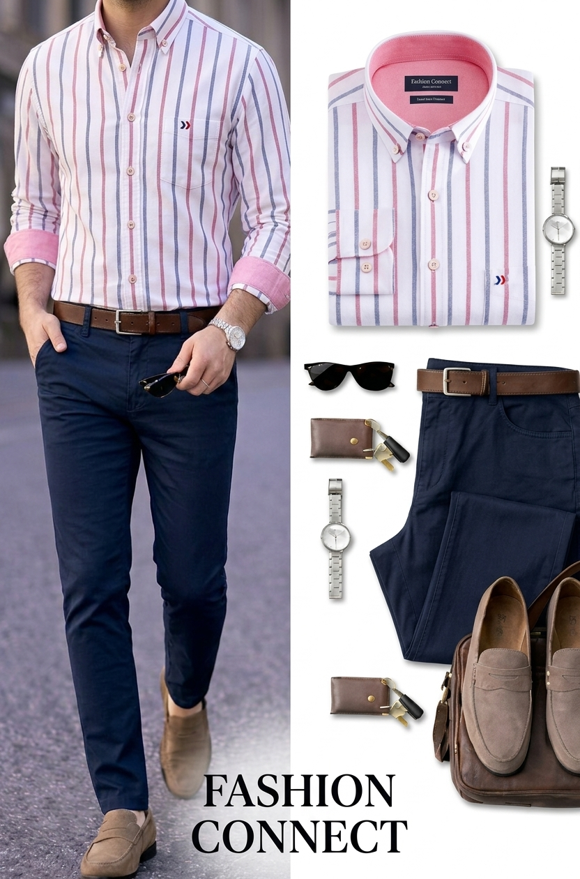 Men's White & Pink Striped Long Sleeve Shirt