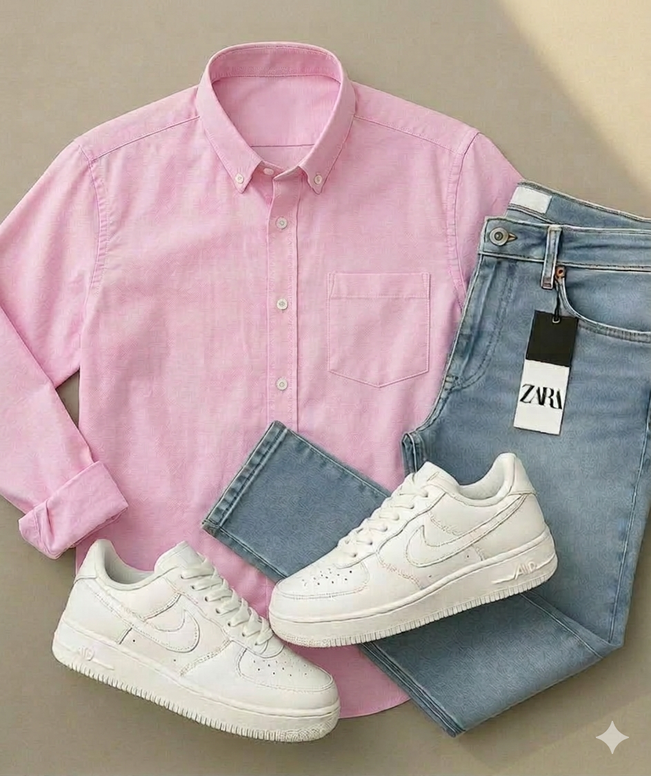 Men's Pink Solid Oxford Long Sleeve Shirt