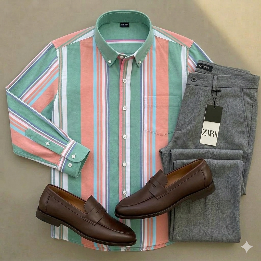 Men's Mint Green Multicolor Striped Long Sleeve Shirt