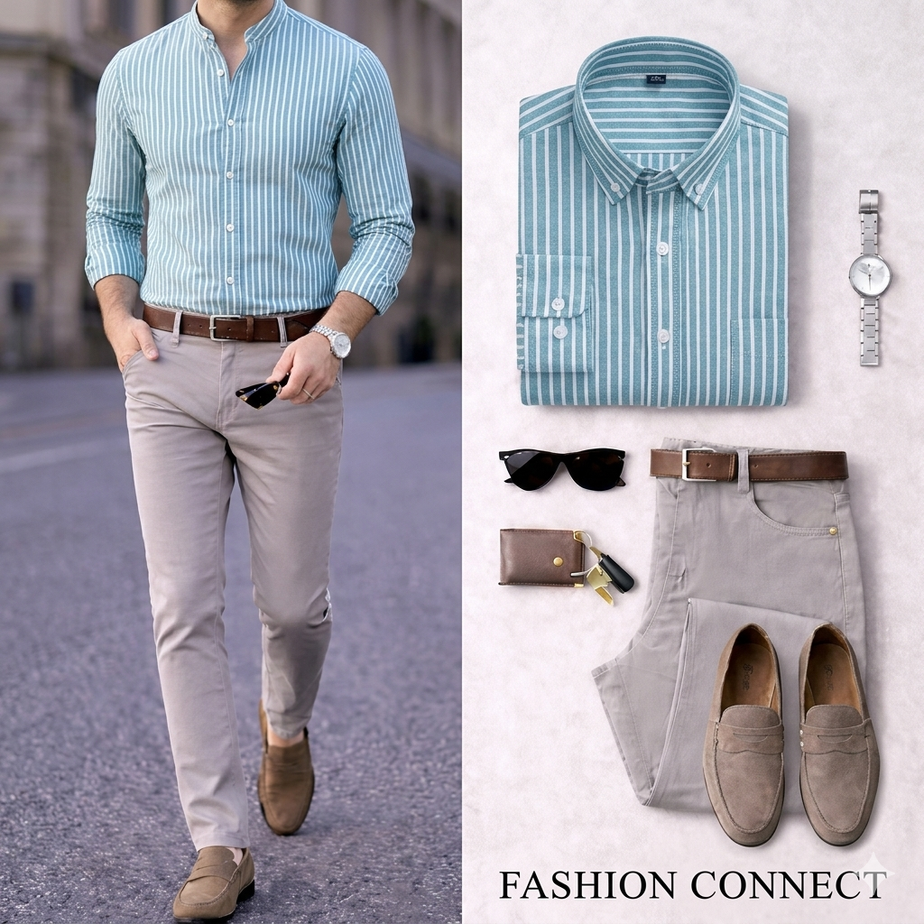 Men's Teal & White Striped Long Sleeve Shirt