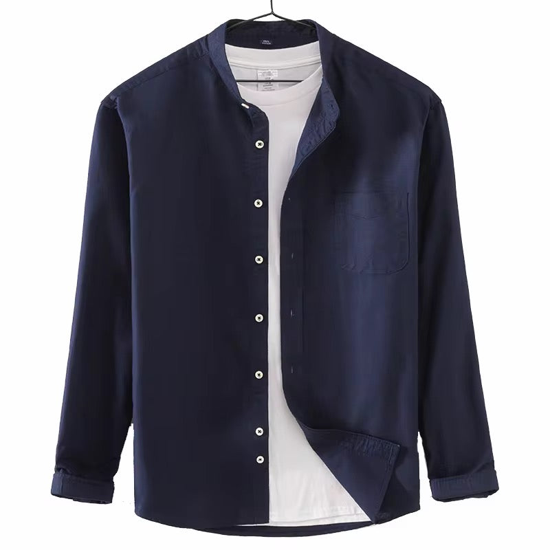 Men's Navy Blue Band Collar Long Sleeve Shirt