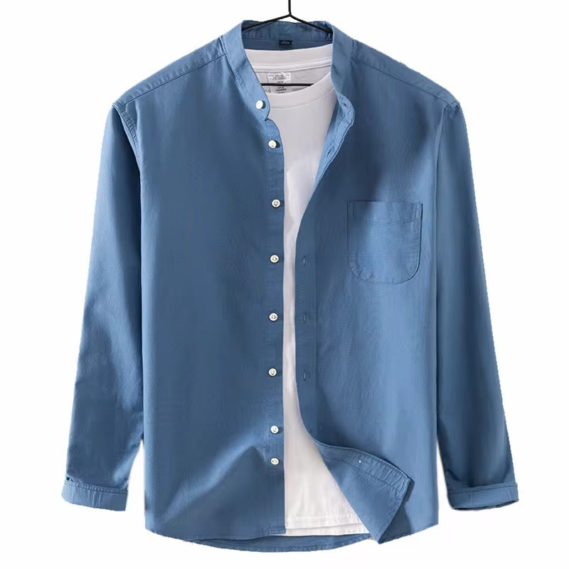 Men's Steel Blue Band Collar Long Sleeve Shirt