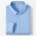 Folded light blue and white checkered long-sleeve button-down shirt with a chest pocket