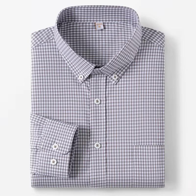 Folded grey and white small-check long-sleeve button-down shirt with chest pocket