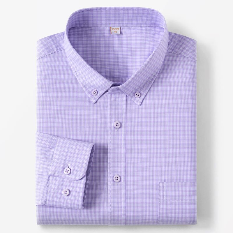 Folded lavender and white fine-check long-sleeve button-down shirt with chest pocket