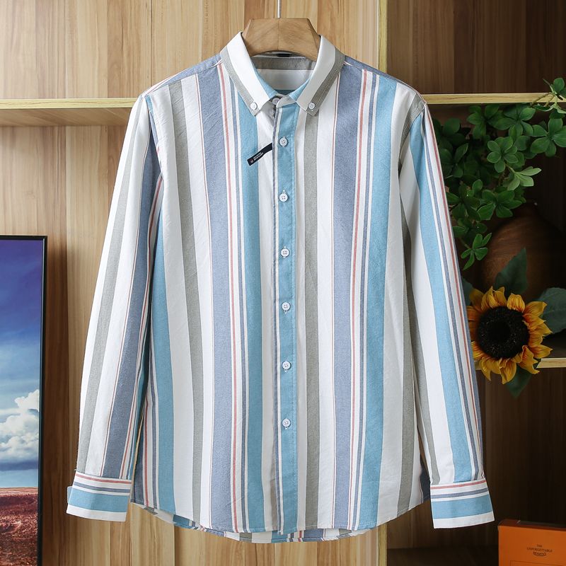 Men's Blue Grey White Striped Long Sleeve Shirt