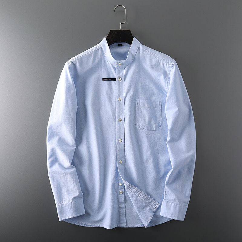 Men's Light Blue Band Collar/ Chines Neck  Long Sleeve Shirt