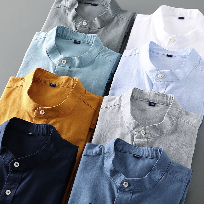 Men's Light Blue Band Collar/ Chines Neck  Long Sleeve Shirt