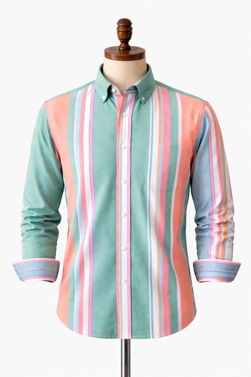 Men's Mint Green Multicolor Striped Long Sleeve Shirt