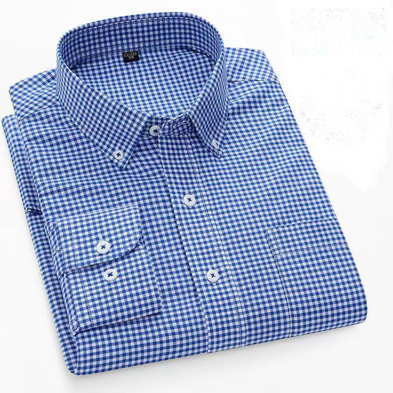 Men's Blue Plaid Checkered Long Sleeve Shirt