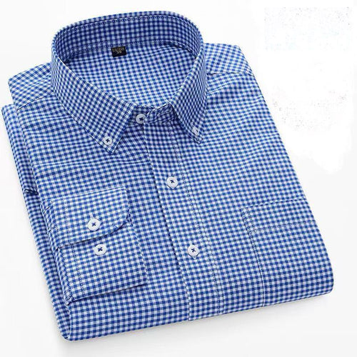 Men's Blue Plaid Checkered Long Sleeve Shirt