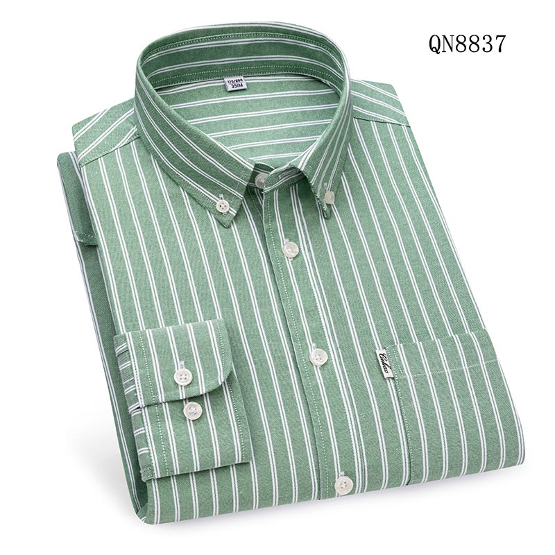 Men's Sage Green & White Striped Long Sleeve Shirt - QN8837