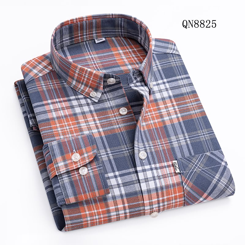 Men's Blue & Orange Plaid Checkered Long Sleeve Shirt - QN8825