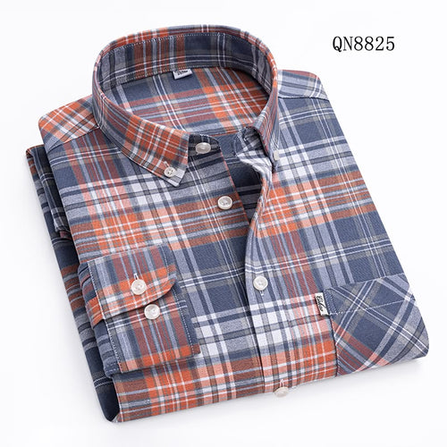 Men's Blue & Orange Plaid Checkered Long Sleeve Shirt - QN8825