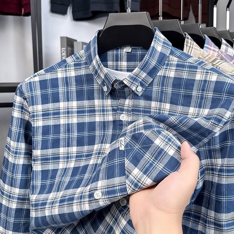 Men's Navy Blue & White Plaid Checkered Long Sleeve Shirt
