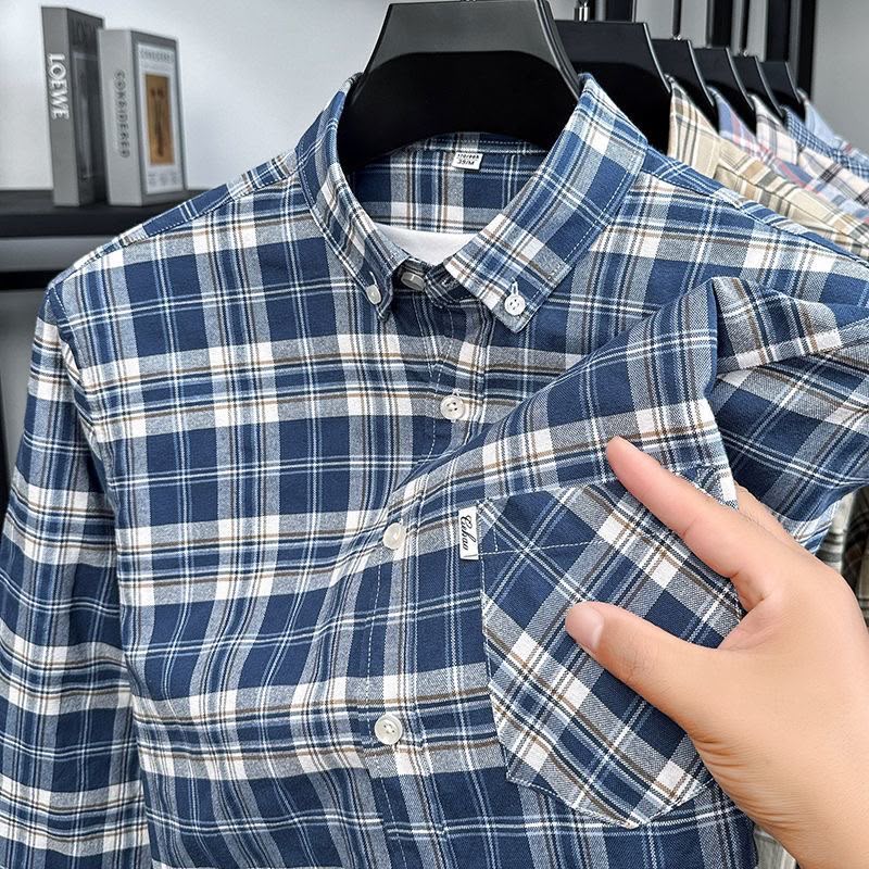 Men's Navy Blue & White Plaid Checkered Long Sleeve Shirt