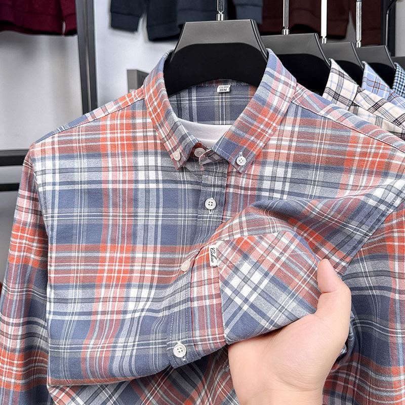 Men's Blue & Orange Plaid Checkered Long Sleeve Shirt