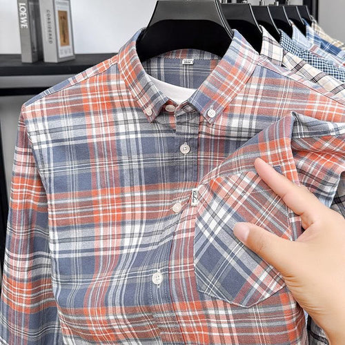Men's Blue & Orange Plaid Checkered Long Sleeve Shirt