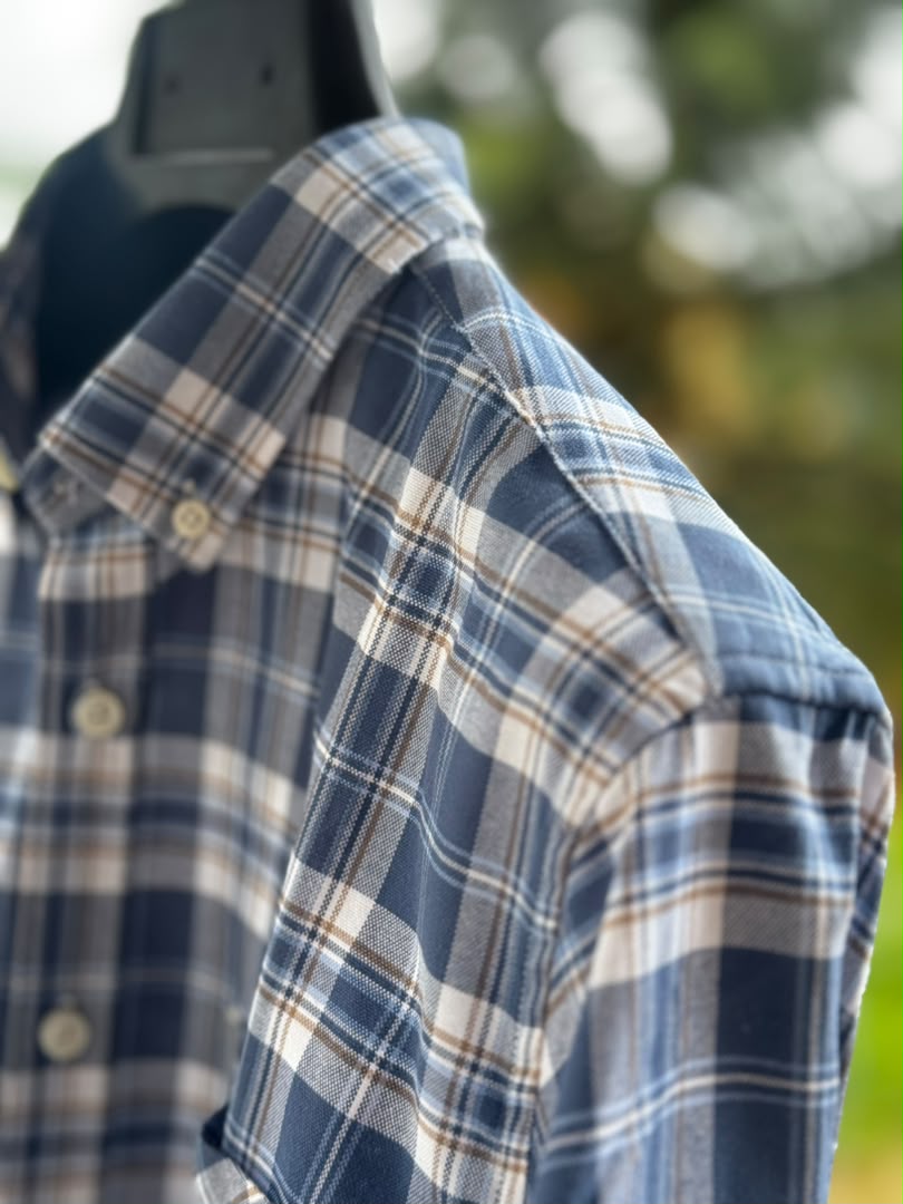 Men's Navy Blue & White Plaid Checkered Long Sleeve Shirt