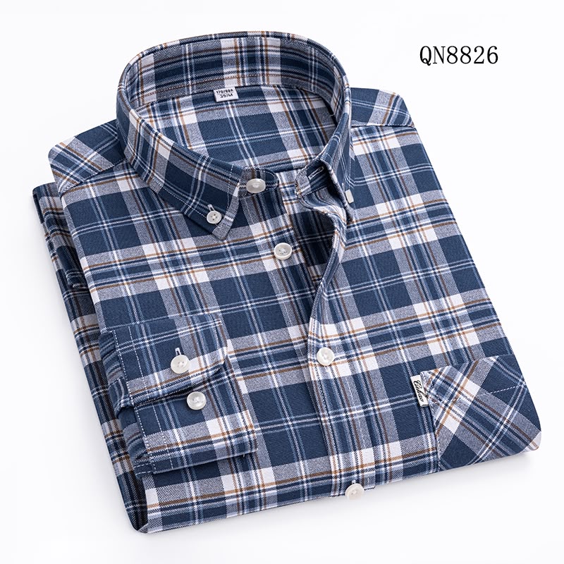 Men's Navy Blue & White Plaid Checkered Long Sleeve Shirt - QN8826