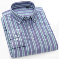 Men's lavender long sleeve shirt with mint-green and white vertical stripes, button-down collar and chest pocket.