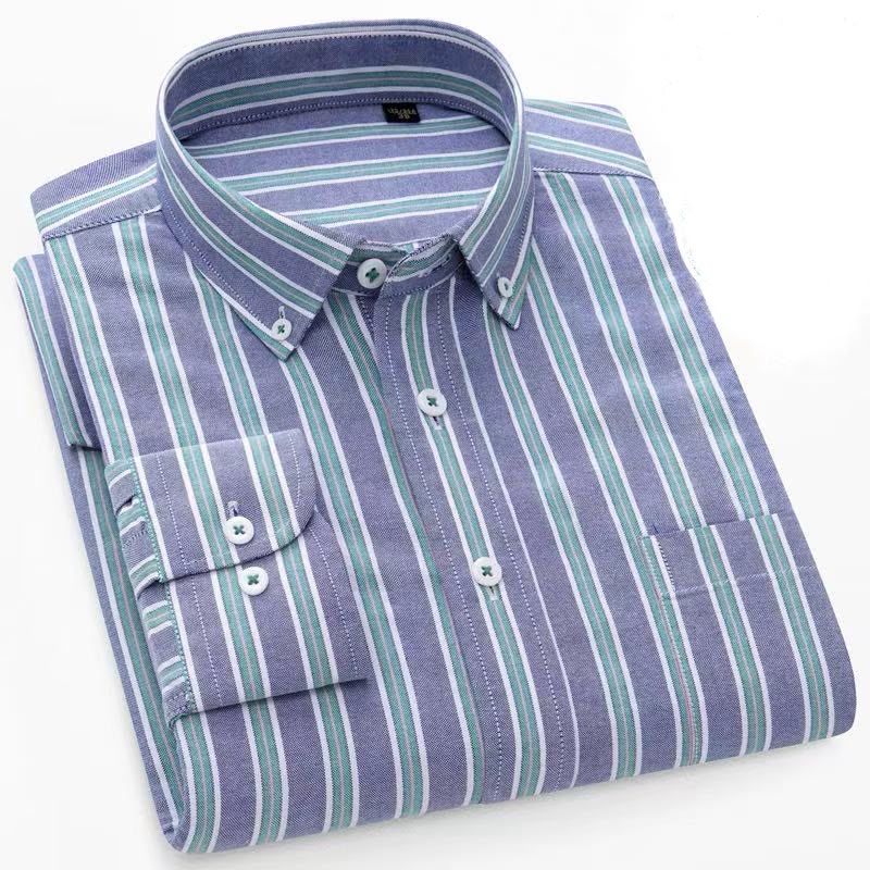 Men's lavender long sleeve shirt with mint-green and white vertical stripes, button-down collar and chest pocket.